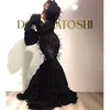 Shiny Black Mermaid Evening Dresses For Women V Neck Feathers Sequins African Prom Dress Long Sleeves Fall Winter robe Party Vestidos