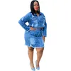 Two piece dress sexy denim dress jean jacket + mini skirt plus size fashion solid 2 piece sets beach party evening clubwear dress klw5406