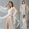 Sexy Illusion Bride Sleepwear Robes With Sash Belt V Neck Long Sleeve Custom Made Lace Women Sleepwear Pajamas Dresses