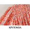 KPYTOMOA Femmes Chic Mode Imprimé Floral Élastique Smocké Mini Gaine Robe Vintage Col En V À Volants Robes Féminines Robes T200613