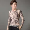 2023fashion masculina tatuagem falsa camisetas de manga longa modal fino em toda a impressão de tatuagem de gola alta camisetas de halloween