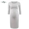 Liu Qu mulher ''s Maternidade Ruched Side Dress Gravidez Três quartos Manga Mama Roupas Casual Barco Pescoço Envoltório Vestidos G220309