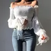 Solid Color Pleated Bow Fashion Women Ladies Long Sleeve Off Shoulder Cropped Tops Blouse Shirt Lace Up Corset White/Black1