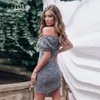 Przeusza na ramię kobiety kwiatowy nadruk mini seksowna pochwa krótki rękaw swobodny boho Wrap Bodycon Beach Letnia sukienka T200604