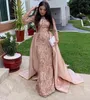 2021 Nouveau Blush Rose Or Rose Musulman Robes De Soirée Porter Avec Train Détachable Hijab Style Manches Longues Abaya Dubai Robe De Bal Robes De Soirée