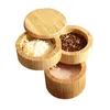 Bamboe Triple Salt Case Ronde Bamboe Doos voor Pepper Spice Cellars Opbergcontainer met Swivel Magnetische Deksels Keukengereedschap