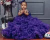豪華な紫色のレースの花の女の子のドレスシアーネックティアチュールリトルガールウェディングドレス聖体服の服装
