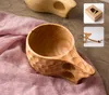 Estilo nórdico 4 tipos Tazas de té de madera de caucho Taza con asas Kuksa Tazas de café de madera con cuerda Dos agujeros Botellas de agua potable portátiles hechas a mano SN4367