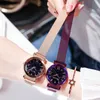 Senhoras Magnet Relógios Roxo Azul Relógio Mulheres Pavimentação Bling Bling Starry Cristal Rhinestone Ladys Quartz Mulheres Termine Liga Rose Gold WristWatches Girls