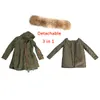 Jazzevar Women Winter Jacket Army Green Avtagbar Stor Real Raccoon Färg Fur Krage Kvinna Parkas Hooded Coat 2in1 Outwear 201031