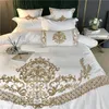 New White Luxury European Royal Gold Embroidery 60S Satin Silk Cotton Bedding Set Duvet Cover Bed Linen Fitted Sheet Pillowcases 201211