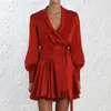 Elegant Silk Satin Dress Women Sexy V Neck Lantern Sleeve Ruffle Sash Mini Wrap Dress Ladies A Line Long Sleeve Dress Vestido LJ200910