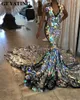 Lyxigt Långt tåg Silver Mermaid Prom Dress för svarta tjejer 2020 Sparkly Sequin V-nacke afrikanska formella kvällsklänningar plus storlek