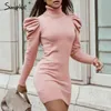 Col de tortue Moulante Hiver Tricoté Femmes Robe Puff épaule Pull rose Robe Femme Sexy Dames Solide Automne Robes 201110