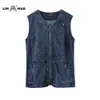 LIH HUA Womens Plus Size Casual Denim Vest stockinet haute flexibilité Casual jeans Vest Knitted Denim OL Style 201031