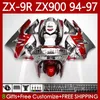 مجموعة هيكل السيارة ل Kawasaki Ninja ZX-9R ZX900 ZX 9R 9R 9R 900 CC 1994-1997 Bodys 100no.18 ZX9 R 900CC ZX-900 ZX9R 94 95 96 97 ZX900C 1994 1995 1996 1996 OEM Fairing Red Silvery