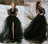 Vintage Bobemian Black Lace Tulle Gothic Wedding Dresses With Long Sleeves Sexy Sheer Top Slit Skirt A Line Bridal Gowns Two Pieces AL7238