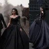 New Gothic Black Ball Gown Wedding Dresses One Shoulder Long Sleeves Princess Bridal Gowns Lace Applique Plus Size Vestidos De Novia 403