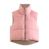スタイリッシュな甘いピンクのダブルウェアドローストリングクロップドベストコート女性ファッションスタンドカラージッパーウエストコート220125