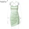 Повседневные платья Nadafair RUCHED SATIN MINI Сексуальное платье Женщина Back Bandage Off На плечо Шелковый Спагетти Ремешок 2021 Летний Клуб Вечеринка