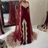 2021 Burgundy Dubai Evening Dresses Sheath Side Slit with Cape Sweetheart Neckline Velvet Tulle Gold Lace Applique Prom Party Gown