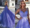 Lavender Sparkling Tulle Prom Dresses Spaghetti Straps Appliqued A-Line Evening Party Gowns Open Back Formal Vestidos Longo Robe D249M