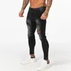 GINGTTO Foncé Lavé Noir Jeans pour Hommes Slim Fit Hommes Denim Jeans Casual Déchiré Jeans Hommes Taille Élastique zm112 201116