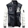 Fashion-Leather Jacket Men Bomber Baseball Jacka Biker Pu Coat Faux Pilot Varsity Fleece College Top Leather Black Slim Fit Motorcycle