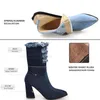 WETKISS DENIM BOOT Dik High Heel Dames Laarzen Holed Ankle Nieuwe puntige teen dame schoenen gescheurd Springschoenen Casual hakken 201102