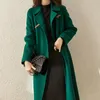 Kvinnor elegant retro ullrock med bältet vinter varmt överrock outwear plus size kvinnlig koreansk högkvalitativ grön blandning kappa 201221