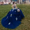 Bleu marine robe de 15 anos Quinceanera robes de bal Appliques dentelle douce 16 robe robes de soirée balayage Train