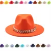 Fedora de cadena dorada para mujer, sombrero de ala ancha para hombre, Color sólido, Jazz, sombrero de copa, Otoño Invierno, nuevo Panamá, sombrero de caballero, sombreros de vaquero para iglesia