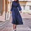 CVYATAYA Boho Lantern Long Sleeves Polka Dot Printed Midi Dres Elegant Vintage Stand Collar Split Autumn Robe Femme 220216