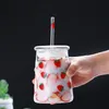 600ML Strawberry Glass Cup Cute Strawberry Water Bottle with Straw Juice Milk Tea Wine Coffee Mug Creative Cup for Kids Adult 201128