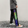 High Street Side Button Cashew Print Suede Baggy Pants Mens Drawstring Straight Loose Casual Pants Hip Hop Oversize Trousers