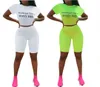 Frauen 2-teiliges Set Sommeranzüge, figurbetonte Shorts, Outfits, Kleidung, Briefdruck, eng, einfarbig, Trainingsanzug, Loungewear, Streetwear T200603