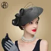 Fs fascynatorzy czarne białe wesela Pillbox kapelusz dla kobiet słomka fedora czarna szeroka szeroka damska sukienka kościelna sinamay derby hats 24776936