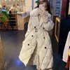 Fitaylor Winter Women Real Fur Collar Hooded Long Down Coat Double Breasted 90% White Duck Down Parka Windebreaker With Belt 201023