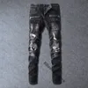 Jeans masculino designer desgastado rasgado biker ajuste fino denim para homens moda calça preta para homens