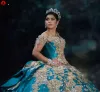 NY! Lyxig mexikansk quinceanera klänningar kristall pärlor spets appliqued söt 16 klä av axeln Vestidos de xv 15 años