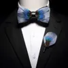 Ricnais nuevo original pluma pajarita broche conjunto blanco azul colorido hecho a mano exquisita pajarita para hombres corbatas de boda regalo con caja 2289l