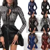 Kvinnor Vintage Plaid Zippers Slim Mini Dress Höst Långärmad Lace Patchwork Party Dress Office Lady Stand Collar Dress Vestido