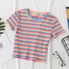 T Shirt Women Cotton Striped Crop Tops Slim Fit Harajuku Summer Short Sleeve Korean Female