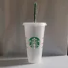 Starbucks 24oz/710ml Plastik Tumbler Yeniden Kullanılabilir Açık İçme Düz Alt Bardak Sütun Şekli Kapak Saman Kupa Bardian