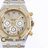 Full Iced Out Diamond Relojes Pave Two Tone Yellow Gold Números arábigos Marcadores Dial VK Cuarzo Cronógrafo Reloj para hombre Sport Hello_Wtch