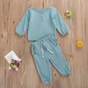 2020 0-5Y Infant Baby Cotton Linen Clothes Autumn New Boys Girls Button Long Sleeve T-shirt Top+Long Pants Solid 2pcs Outfits G220310