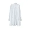 Aacoee mulheres camisa branca mini vestido vire para baixo coleira de manga comprida escritório senhora vestido plissado algodão casual vestido solto vestidos lj200818
