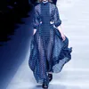 Hottest Blue Stripes Women Runway Dresses Long Sleeves Turtleneck Sexy Hollow Out Waist A line Floor Length Charming Party Dress X0521