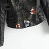 刺繍の花と葉の長袖PU女性ジャケット黒と白のラペルリベット装飾エスニックファッション新しいトップP8 T200319