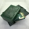 Nytt Mode Lyx Grön Original Klocklåda Designer Presentförpackning Kortetiketter och papper på engelska Häfte Träklockor Lådor 0,8 kg